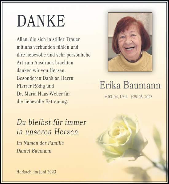 Traueranzeige von Erika Baumann von Gelnhäuser Neue Zeitung