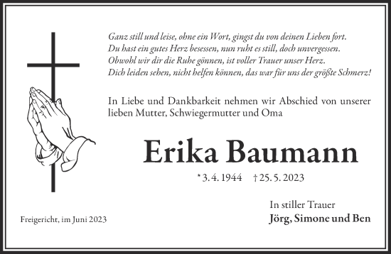 Traueranzeige von Erika Baumann von Gelnhäuser Neue Zeitung