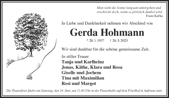 Traueranzeige von Gerda Hohmann von Mittelhessen-Bote