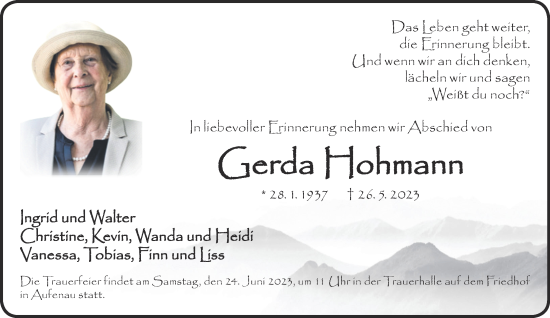 Traueranzeige von Gerda Hohmann von Gelnhäuser Neue Zeitung