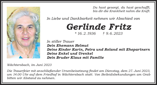 Traueranzeige von Gerlinde Fritz von Gelnhäuser Neue Zeitung