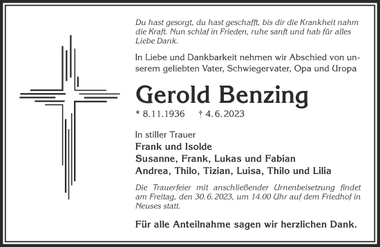 Traueranzeige von Gerold Benzing von Gelnhäuser Neue Zeitung