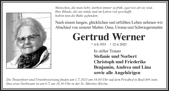 Traueranzeige von Gertrud Werner von Gelnhäuser Neue Zeitung