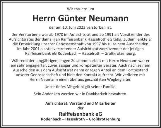 Traueranzeige von Günter Neumann von Gelnhäuser Neue Zeitung