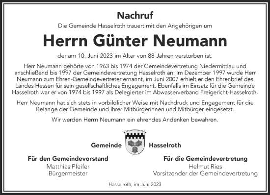 Traueranzeige von Günter Neumann von Gelnhäuser Neue Zeitung