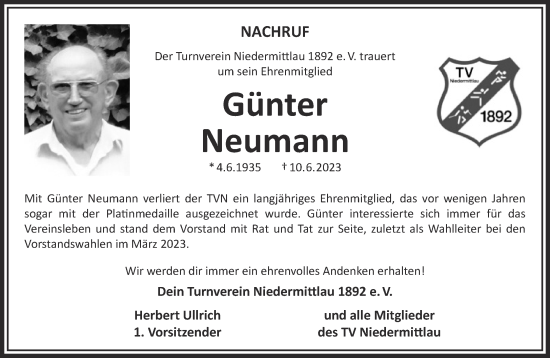 Traueranzeige von Günter Neumann von Gelnhäuser Neue Zeitung