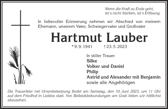 Traueranzeige von Hartmut Lauber von Gelnhäuser Neue Zeitung