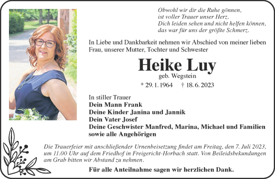 Traueranzeige von Heike Luy von Gelnhäuser Neue Zeitung