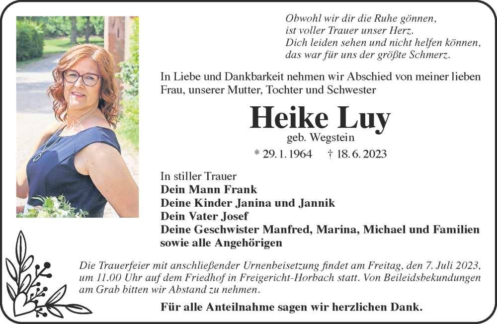  Traueranzeige für Heike Luy vom 01.07.2023 aus Gelnhäuser Neue Zeitung