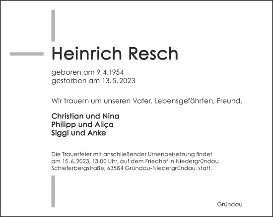 Traueranzeige von Heinrich Resch von Gelnhäuser Neue Zeitung