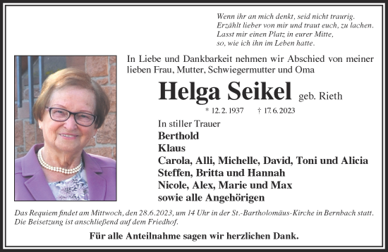 Traueranzeige von Helga Seikel von Gelnhäuser Neue Zeitung