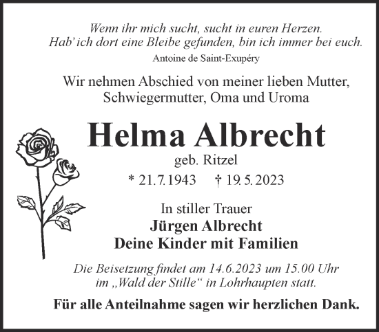 Traueranzeige von Helma Albrecht von Mittelhessen-Bote