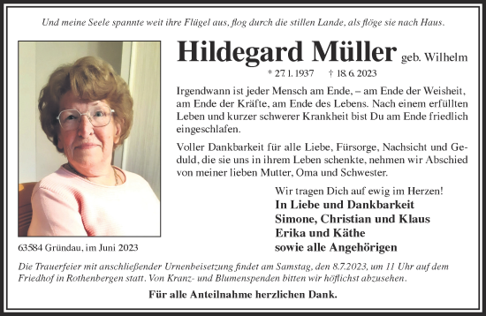 Traueranzeige von Hildegard Müller von Gelnhäuser Neue Zeitung