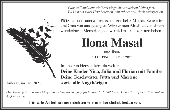 Traueranzeige von Ilona Masal von Mittelhessen-Bote