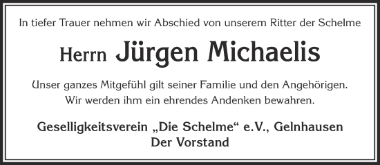 Traueranzeige von Jürgen Michaelis von Gelnhäuser Neue Zeitung