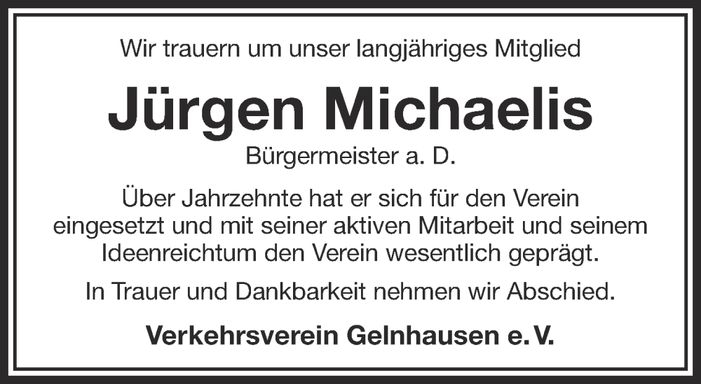  Traueranzeige für Jürgen Michaelis vom 10.06.2023 aus Gelnhäuser Neue Zeitung
