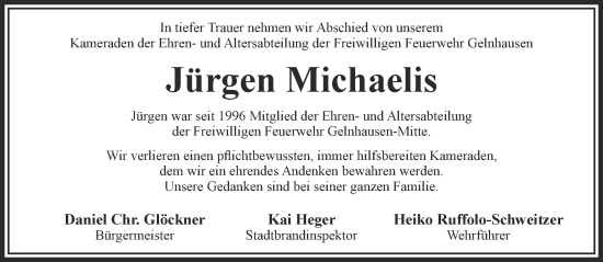 Traueranzeige von Jürgen Michaelis von Gelnhäuser Neue Zeitung