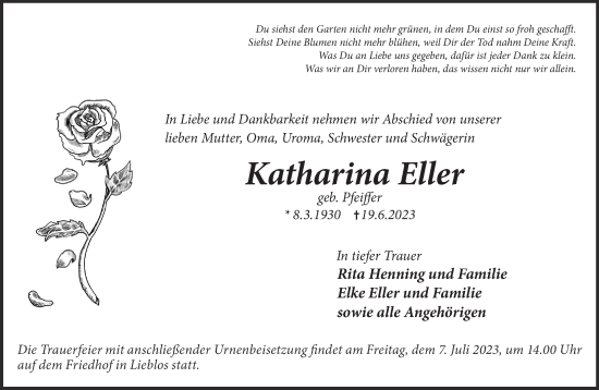 Traueranzeige von Katharina Eller von Mittelhessen-Bote