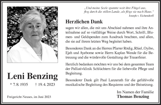 Traueranzeige von Leni Benzing von Gelnhäuser Neue Zeitung