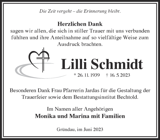 Traueranzeige von Lilli Schmidt von Gelnhäuser Neue Zeitung