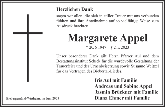 Traueranzeige von Margarete Appel von Gelnhäuser Neue Zeitung