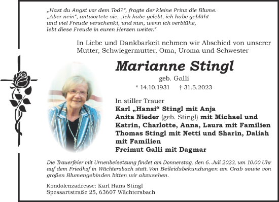 Traueranzeige von Marianne Stingl von Gelnhäuser Neue Zeitung