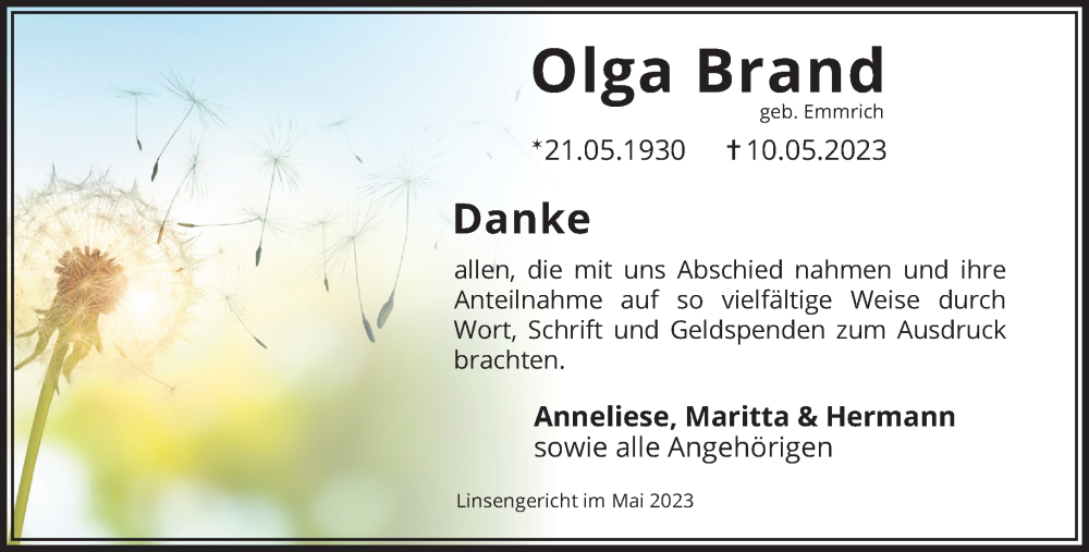  Traueranzeige für Olga Brand vom 03.06.2023 aus Mittelhessen-Bote