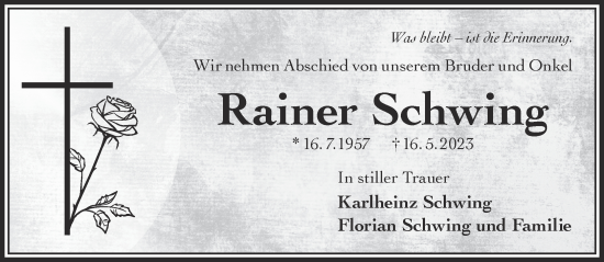 Traueranzeige von Rainer Schwing von Gelnhäuser Neue Zeitung