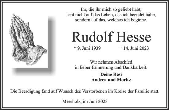 Traueranzeige von Rudolf Hesse von Gelnhäuser Neue Zeitung