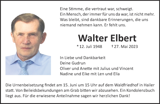 Traueranzeige von Walter Elbert von Gelnhäuser Neue Zeitung