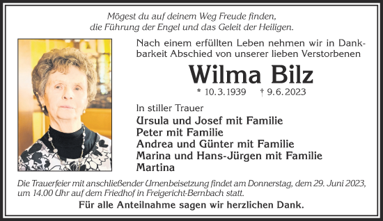 Traueranzeige von Wilma Bilz von Gelnhäuser Neue Zeitung