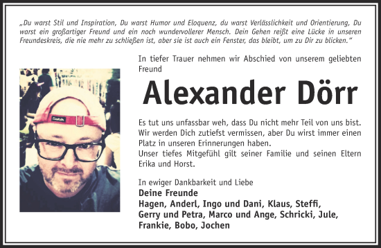 Traueranzeige von Alexander Dörr von Gelnhäuser Neue Zeitung