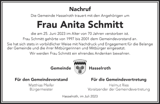 Traueranzeige von Anita Schmitt von Gelnhäuser Neue Zeitung