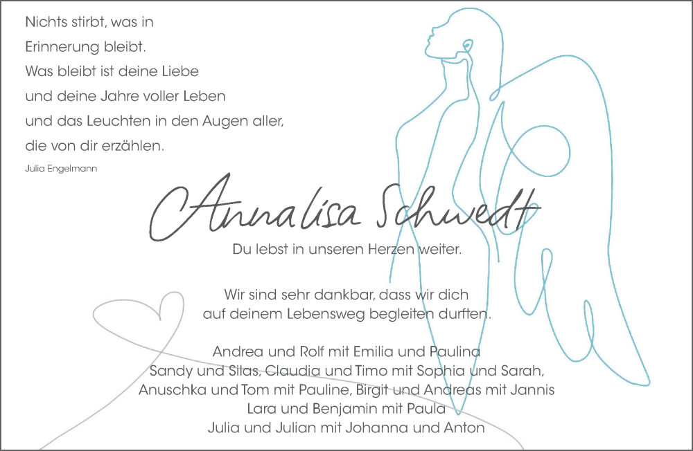  Traueranzeige für Annalisa Schwedt vom 15.07.2023 aus Gelnhäuser Neue Zeitung