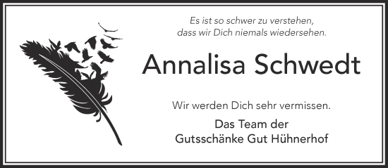 Traueranzeige von Annalisa Schwedt von Mittelhessen-Bote