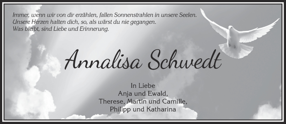  Traueranzeige für Annalisa Schwedt vom 22.07.2023 aus Mittelhessen-Bote