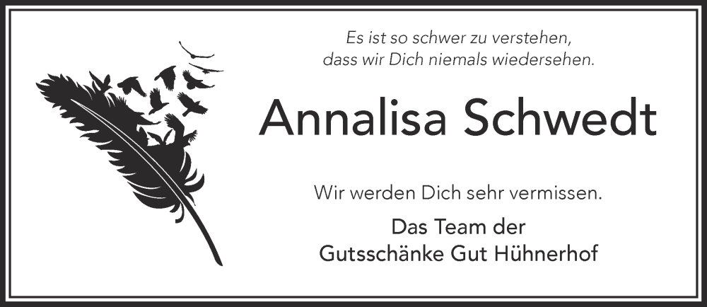  Traueranzeige für Annalisa Schwedt vom 15.07.2023 aus Mittelhessen-Bote