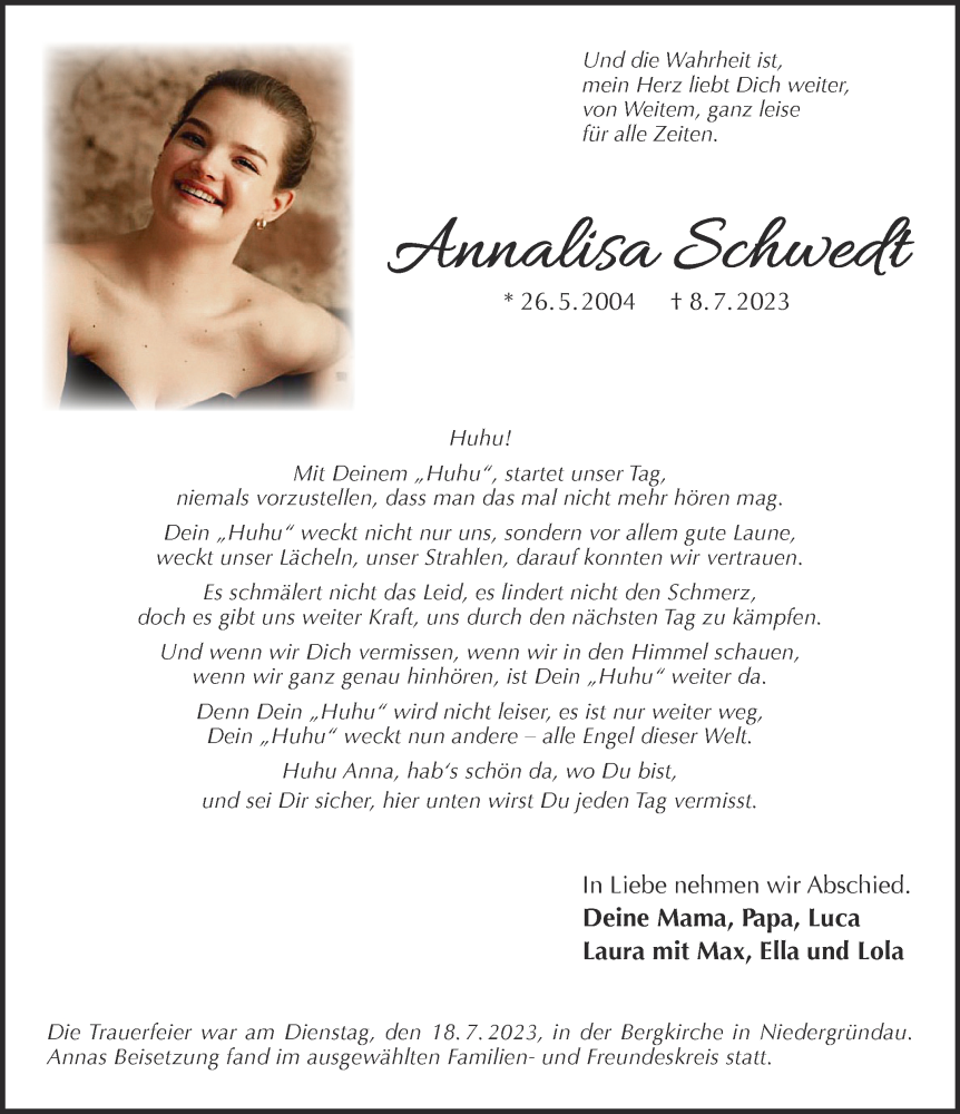 Traueranzeige für Annalisa Schwedt vom 22.07.2023 aus Mittelhessen-Bote