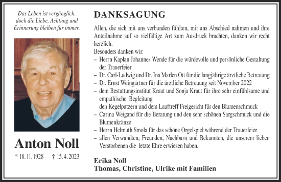 Traueranzeige von Anton Noll von Gelnhäuser Neue Zeitung