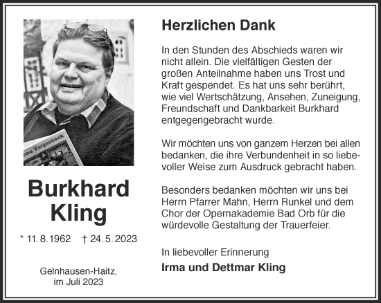 Traueranzeige von Burkhard Kling von Mittelhessen-Bote