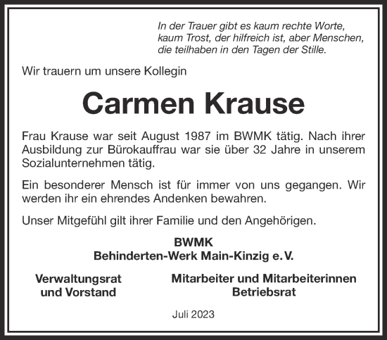 Traueranzeige von Carmen Krause von Gelnhäuser Neue Zeitung