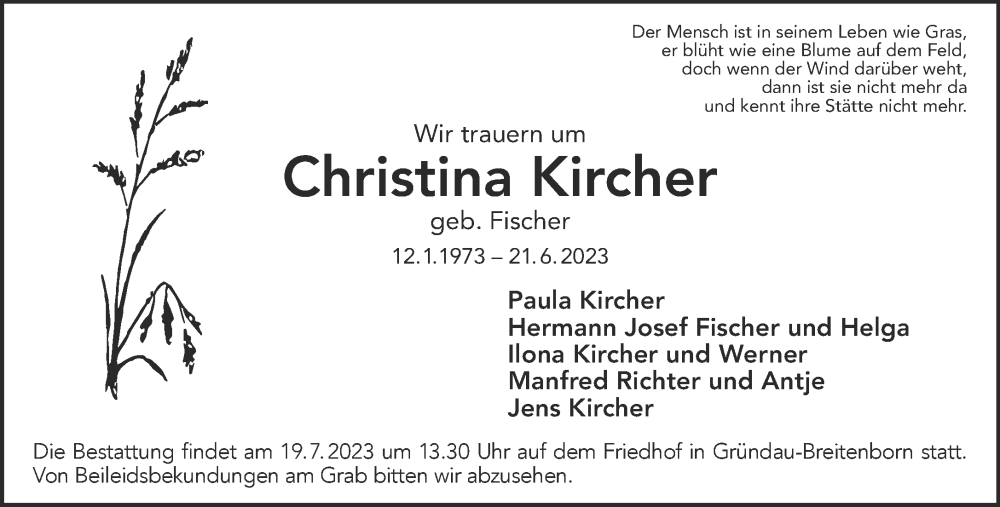  Traueranzeige für Christina Kircher vom 15.07.2023 aus Mittelhessen-Bote