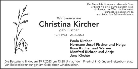 Traueranzeige von Christina Kircher von Gelnhäuser Neue Zeitung