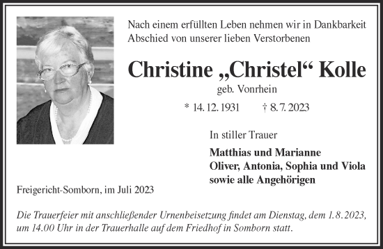 Traueranzeige von Christine Kolle von Gelnhäuser Neue Zeitung