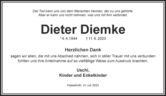 Traueranzeige von Dieter Diemke von Gelnhäuser Neue Zeitung