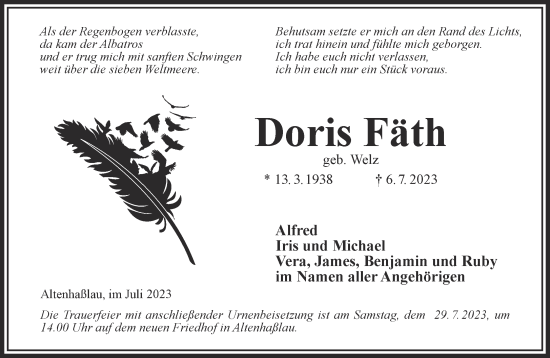 Traueranzeige von Doris Fäth von Gelnhäuser Neue Zeitung