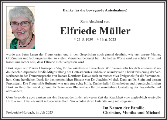 Traueranzeige von Elfriede Müller von Gelnhäuser Neue Zeitung