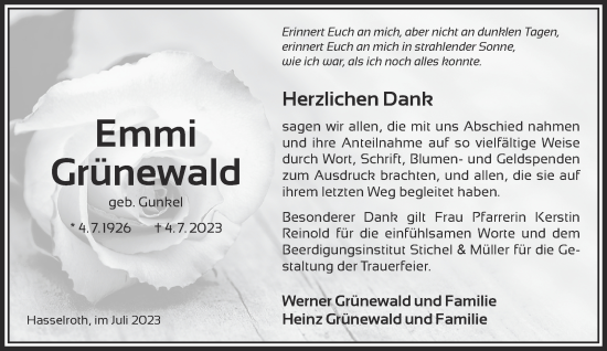 Traueranzeige von Emmi Grünewald von Gelnhäuser Neue Zeitung