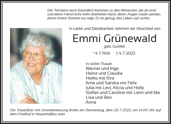 Traueranzeige von Emmi Grünewald von Gelnhäuser Neue Zeitung