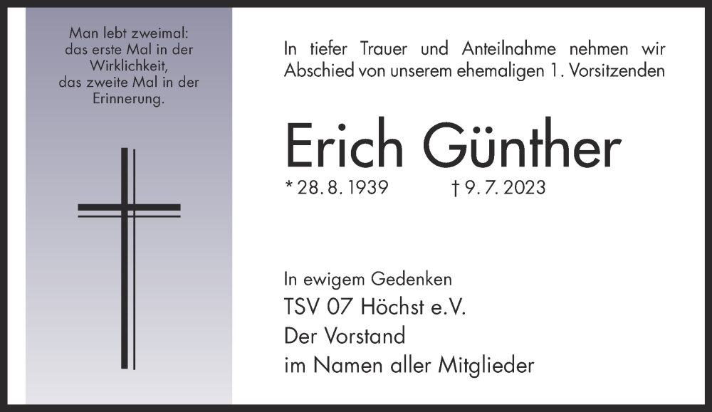  Traueranzeige für Erich Günther vom 22.07.2023 aus Gelnhäuser Neue Zeitung